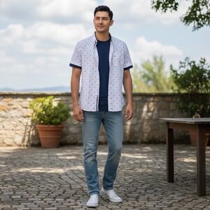 Cactus Man Ricky Singh Mens Large White Anchor Print Slim Fit Button Down Shirt